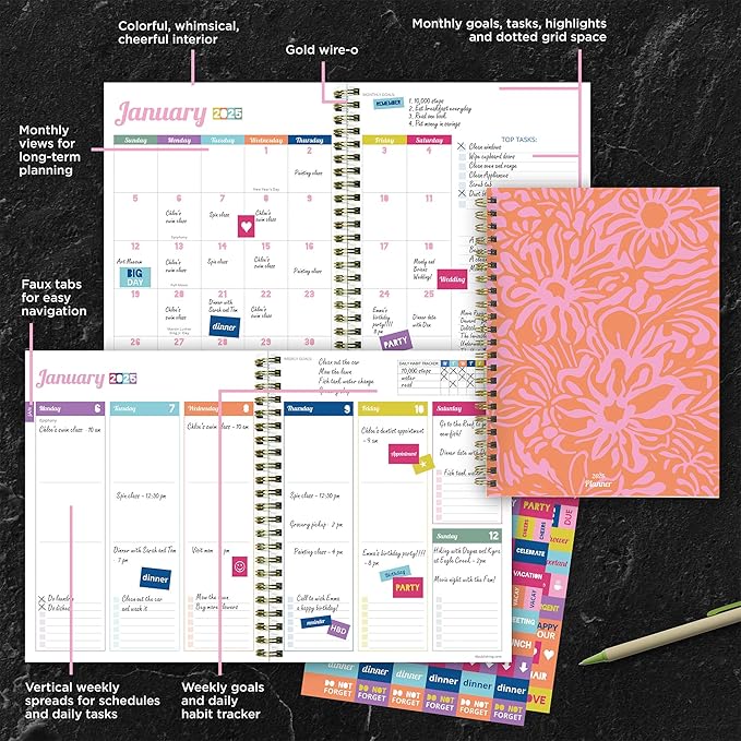 TF PUBLISHING 2025 Happy Hibiscus Medium Weekly Monthly Planner - Goals & Task Trackers - Planner Monthly and Weekly with Organizer Stickers - 12 Month Calendar Planner - 6.5" x 8"