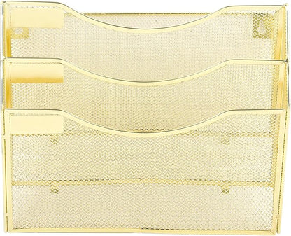EASEPRES 3 Pocket Mesh Hanging Wall File Organizer, Wall Mounted Mail Paper Document Folder Holder, Clipboard Storage Organization Magazine Rack with Nametag Label for Office Home School, Gold