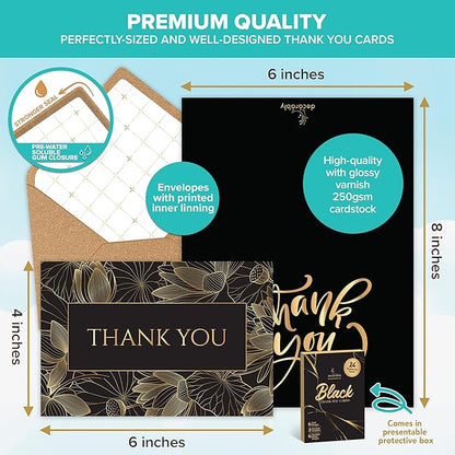 Decorably 24 Pack Gold-Foiled 6x4in Black and Gold Thank You Cards with Envelopes & Stickers, 6 Elegant Designs Black Thank You Cards, Blank Inside - Birthday, Wedding, Anniversary