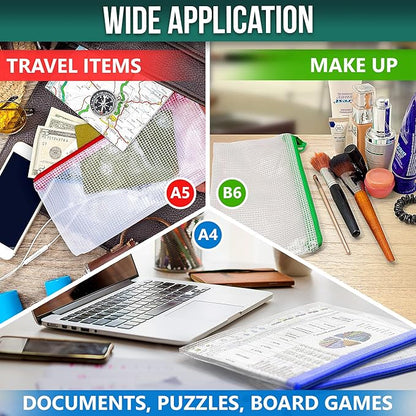 16 Pack Assorted Sizes Plastic Mesh Zipper Pouches for Storage & Organize Board Games - Puzzles - Documents - Bills - School and Office Supplies - Travel - Makeup - Multisize Mesh Zipper Pouch