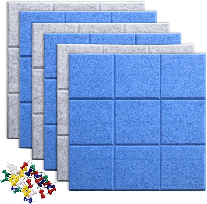 Large 11.8"x11.8" Felt Board Tiles for Wall with 30 Push Pins, Pack of 6 Pin Board Notice Boards for Home Office Kitchen, Bulletin Board Wall Tiles for Photos Memos
