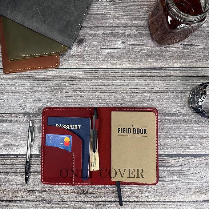 Leather Cover for Field Notes, Passport Cover, Leather Notebook Cover for 3.5" x 5.5" with Pen Holder, Only Cover (Red)