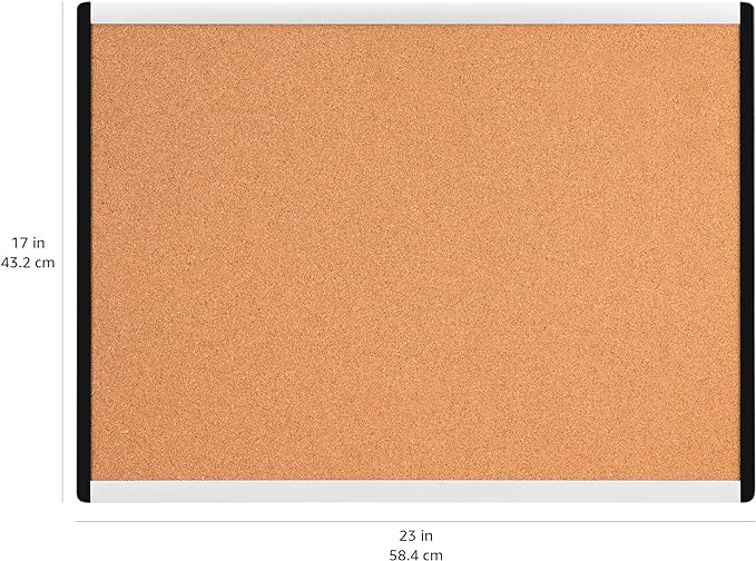 Amazon Basics Rectangular Cork Board with Aluminum/Plastic Frame and Mounting Tabs, 23" x 17", Brown