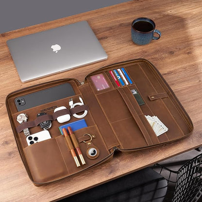 Awesometik Leather Organizer,Mac Bag Genuine Full Grain Leather,Crazy Horse Leather Portfolio Bag,Bag with Multiple Slots