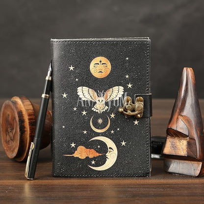 Handmade Leather Journal, Black, Sun & Moon Design, 8 x 6 Inch, 200 Unruled Pages, Hand Embossed, White Paper, Brass Clasp Lock, Vintage Notebook Diary, Sketchbook for Artists & Writers