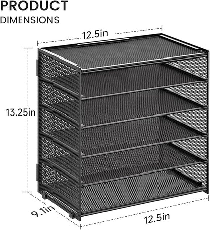 6 Tier Paper Organizer, Metal Mesh Desk File Organizer, Letter Tray Organizer, Paper Sorter Desk Organizer for Office, Home or School File Folder Holder - Black