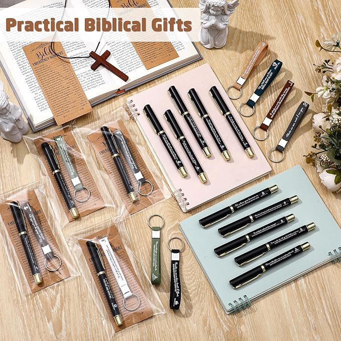 25 Sets Christmas Christian Church Gifts Bulk Bible Verse Plastic Gel Pen Religious Silicone Keychains Scripture Bookmark 2''x 6'' Emergency Numbers Bible Bookmarks Gift Pastor(Black)