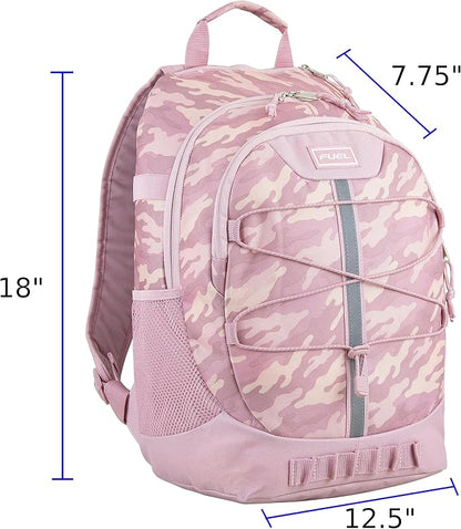 FUEL Hiking Backpack for Women Men Terra Sport, Travel, College, Gym, Work with Laptop Sleeve, Bungee, 18 Inches, Pink Camouflage