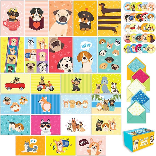 Decorably 50 Pack 6x4in Dog Blank Cards with Envelopes and Stickers, 25 Adorable Designs Blank Dog Note Cards with Envelopes - Baby Shower, Kid's Party, Birthday