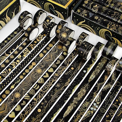 Black Washi Tape Set, 27 Rolls Black Gold Foil Decorative Masking Tape for Bullet Journaling, Scrapbooking Supplies, Watercolor Painting