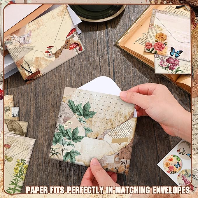 TaoBary 160 Packs Stationery Paper Set (50 Double Sided Stationery Writing Papers 50 Matching Envelopes) 60 Round Dot Sticker, 10 Design(5.5 x 8.25 Inch,Nature Vintage Style)
