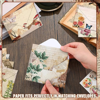 TaoBary 160 Packs Stationery Paper Set (50 Double Sided Stationery Writing Papers 50 Matching Envelopes) 60 Round Dot Sticker, 10 Design(5.5 x 8.25 Inch,Nature Vintage Style)