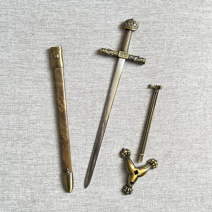 11“ Metal Stainless Steel Letter Opener Sword with Stand,Medieval Vintage Gold Handle,Mini Sword,Lightweight Hand Envelope Slitter,Special Gift