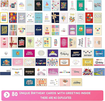 80 Unique Birthday Cards- Happy Cards Bulk With Greetings Inside – Assorted Envelopes and Stickers -Large 5 x 7 inches- Greeting Box Set