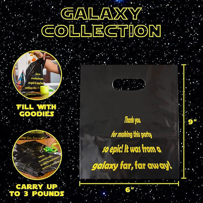 L LIFETIME Party Favor Plastic Goodie Bags with Handles- Theme Birthday Supplies Gift Bag for Kids and Adults – Galaxy (24 Pack)