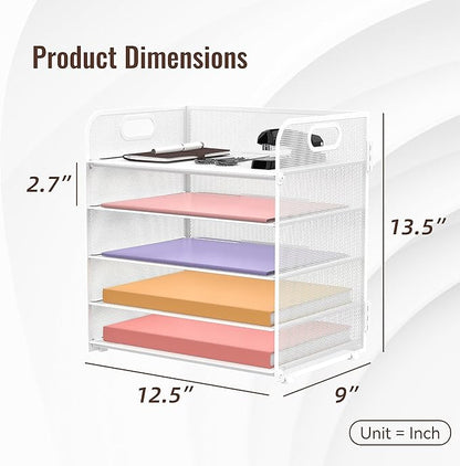 2 Pack 5-Tier White Desk Organizer with Handle Mesh Desk File/Paper Organizer Letter Tray for Office, School and Home Easy Installation