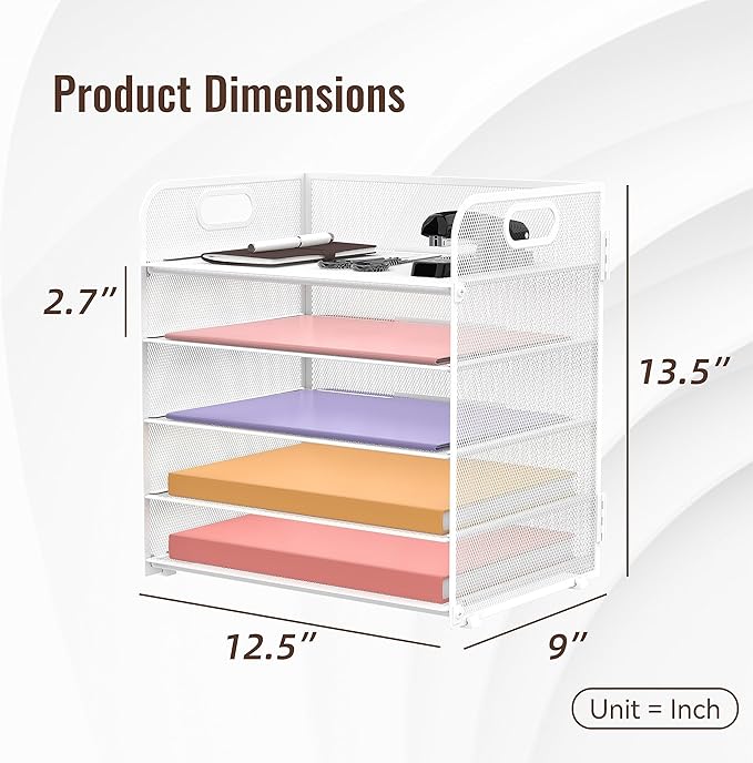 2 Pack 5-Tier White Desk Organizer with Handle Mesh Desk File/Paper Organizer Letter Tray for Office, School and Home Easy Installation