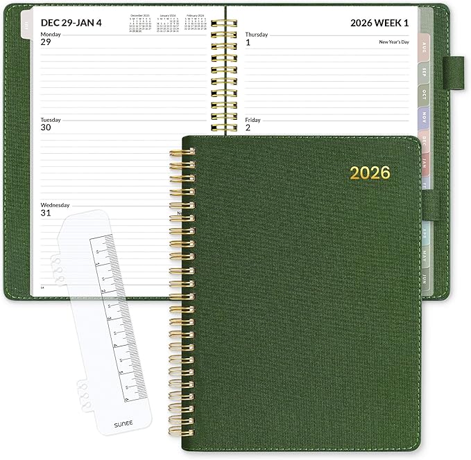 SUNEE 2026 Weekly & Monthly Planner 6.4"x8.5"- 12 Month (January 2026 - December 2026), Vegan Leather Cover, Pocket, Bookmark, Notes, Monthly Tab, Deep Green