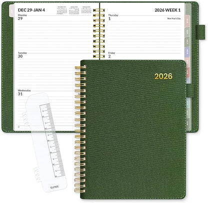 SUNEE 2026 Weekly & Monthly Planner 6.4"x8.5"- 12 Month (January 2026 - December 2026), Vegan Leather Cover, Pocket, Bookmark, Notes, Monthly Tab, Deep Green
