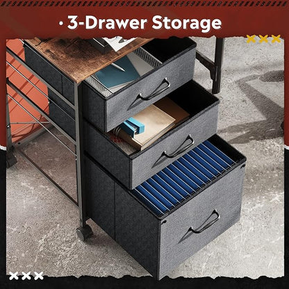 DEVAISE Mobile File Cabinet, Rolling Printer Stand with 3 Drawers, Fabric Vertical Filing Cabinet fits A4 or Letter Size for Home Office, Rustic Brown