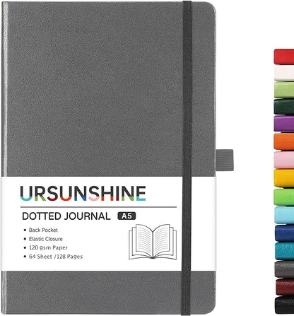 Dotted Journal/Notebook - Dot Grid Hard Cover Notebook, Premium Thick Paper with Fine Inner Pocket, Black Smooth Faux Leather, Pen Loop, 5.3'' x 8.26'' - Gray