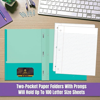 2 Pocket Folders, Assorted 7 Vibrant Colors with Complementing Interior Colors, Fits Letter Size Paper, for School, Office, Home (with Prongs, 50)