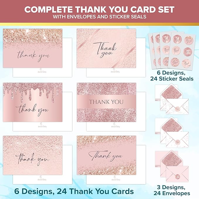 Decorably 24 Pack Glittery 6x4in Rose Gold Thank You Cards with Envelopes and Stickers, 6 Elegant Designs Thank You Cards with Envelopes Pink, Blank Inside - Bridal Shower, Wedding