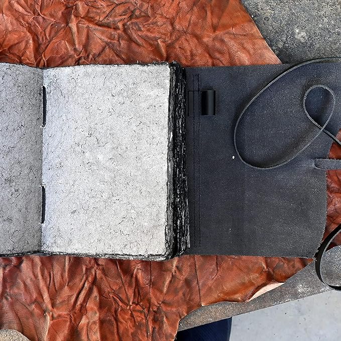 Vintage Black Leather Journal - 200 Pages Gray Deckle Edge Rustic Paper, Unlined Pages Book of Shadows, Grimoire, Junk Notebook, Fantasy Medieval Gifts, Sketchbook, Scrapbook (Raven Black, 7"x5")