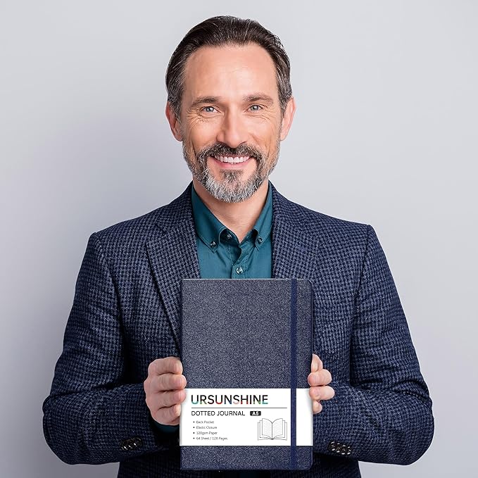 Dotted Journal/Notebook - Dot Grid Hard Cover Notebook, Premium Thick Paper with Fine Inner Pocket, Black Smooth Faux Leather, Pen Loop, 5.3'' x 8.26'' - Dark Blue