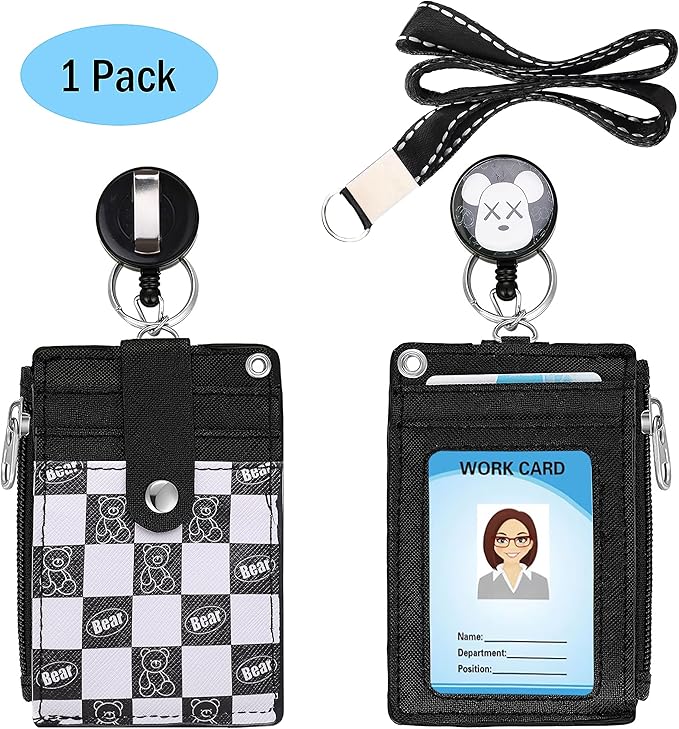 Cute ID Badge Holder Retractable Lanyard Reel Clip with Heavy Duty Carabiner,5Card Slots in 2 Sided with Key Ring and Zipper for Women Students Teens Girls Office Staff (Black White Bear)