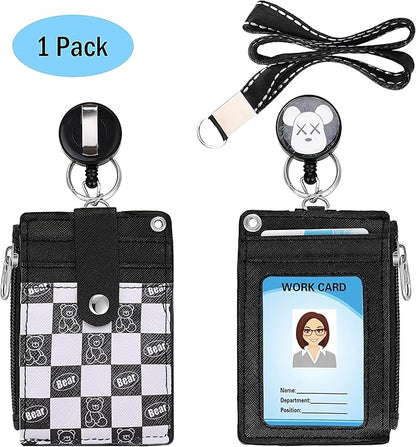 Cute ID Badge Holder Retractable Lanyard Reel Clip with Heavy Duty Carabiner,5Card Slots in 2 Sided with Key Ring and Zipper for Women Students Teens Girls Office Staff (Black White Bear)