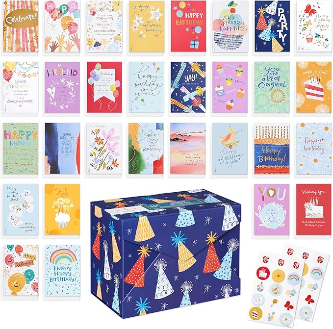 American Greetings 30-Count Birthday Card Assortment Box with Envelopes, Seals, and Storage Box (Kathy Davis Designs, Party Hats)