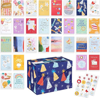 American Greetings 30-Count Birthday Card Assortment Box with Envelopes, Seals, and Storage Box (Kathy Davis Designs, Party Hats)