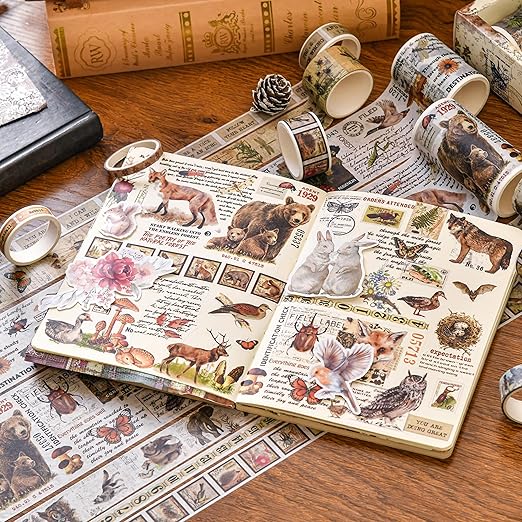 18 Rolls Vintage Washi Tape Pack Retro Arts Adhesive Tapes Wide Monologue Decorative Masking Tape Sets for Craft, Kids, Scrapbook, DIY, Gift Wrapping (Jungle Trails)