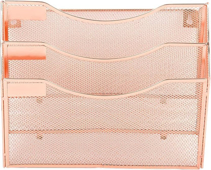 EASEPRES 3 Pocket Mesh Hanging Wall File Organizer, Wall Mounted Mail Paper Document Folder Holder, Clipboard Storage Organization Magazine Rack with Nametag Label for Office Home School, Rose Gold