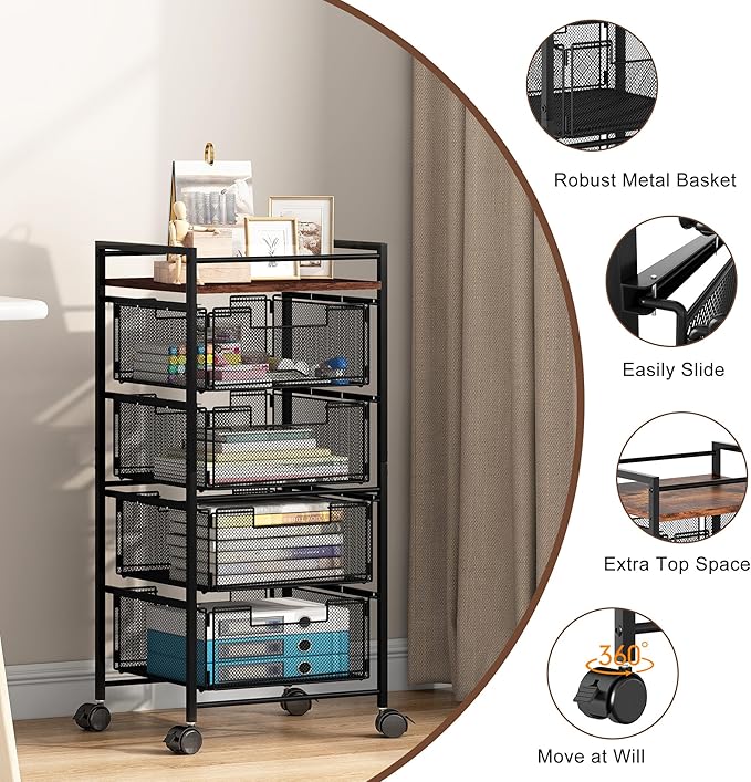 EasyPAG Rolling File Cabinet 4 Drawers Metal File Organizer Storage Cart Mobile File Cart with Removable Drawers with 4 Swivel Casters Rolling Wheels Cart, Black