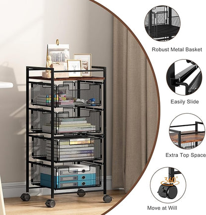 EasyPAG Rolling File Cabinet 4 Drawers Metal File Organizer Storage Cart Mobile File Cart with Removable Drawers with 4 Swivel Casters Rolling Wheels Cart, Black
