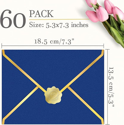 60 Pack Gold Envelopes 5x7 Royal Blue, 250G Pearled Cardstock A7 Envelopes for Invitations Business Mailing Envelope with Gold Foil Border, A6 4x6 Envelopes for Wedding Baby Shower Cards