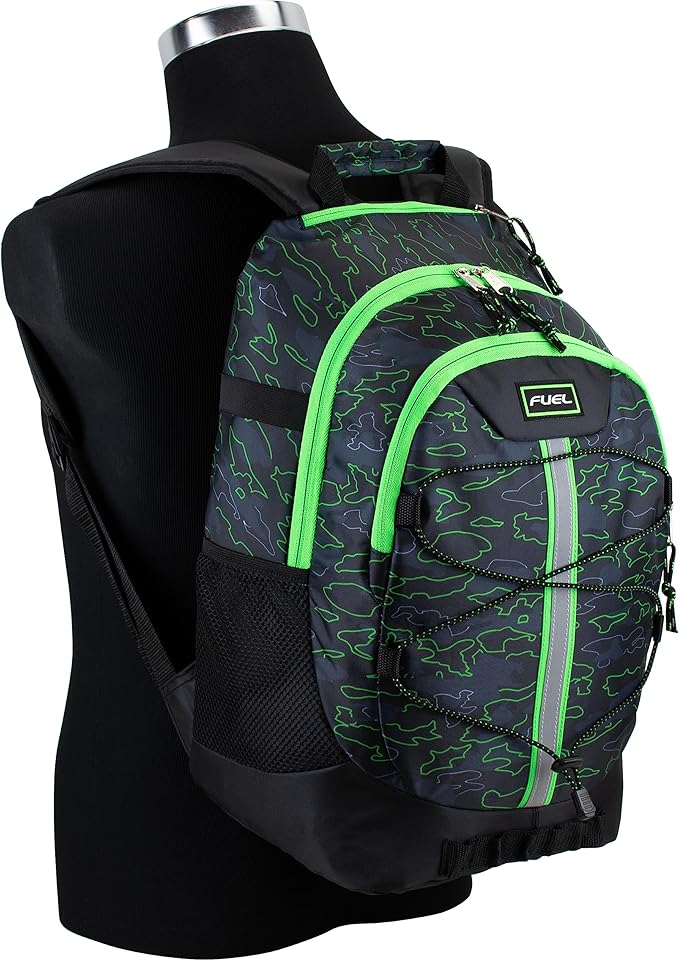 FUEL Hiking Backpack for Women Men Terra Sport, Travel, College, Gym, Work with Laptop Sleeve, Bungee, 18 Inches, Neon Outline Camo