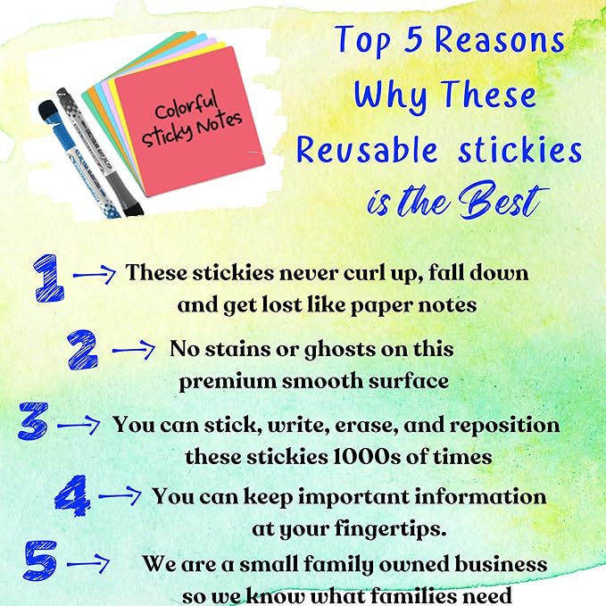 Reusable Dry Erase Sticky Notes - 6 Pack of 4 x4 Multicolor Adhesive Notes - Small Whiteboard Stickers for Labels, Lists, Reminders, and Decals