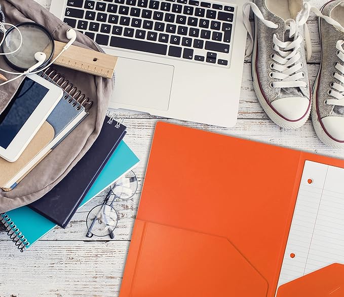 Better Office Products Heavyweight Plastic 2 Pocket Portfolio Folder, Letter Size Poly Folders 24 Pack (Orange)
