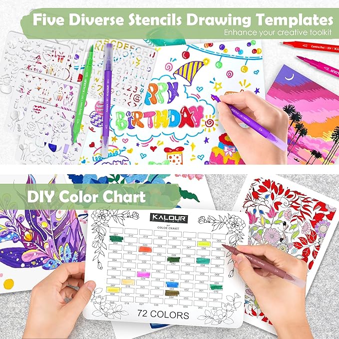 Kalour 72 Colors Art Markers Pens,Dual Tip (Brush and Fine Point),Color Number and Color Name,Art Marker for Coloring Lettering Calligraphy Drawing Journaling,Coloring Art Gift for Adult Beginner Kids