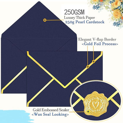 60 Pack Gold Envelopes 5x7 Dark Blue, 250G Pearled Cardstock A7 Envelopes for Invitations Business Mailing Envelope with Gold Foil Border, A6 4x6 Envelopes for Wedding Baby Shower Cards
