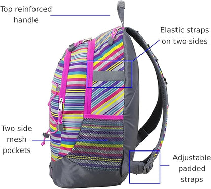 FUEL Hiking Backpack for Women Men Terra Sport, Travel, College, Gym, Work with Laptop Sleeve, Bungee, 18 Inches, Pink Rainbow Stripes