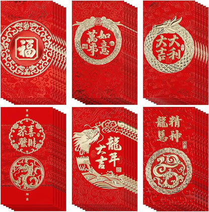 36PCS Chinese Red Envelopes, Chinese New Year Red Envelopes 2024 Dragon Lucky Money Red Packet Envelopes Hong Bao with Classic Chinese Patterns and Blessing Words (6 Styles)