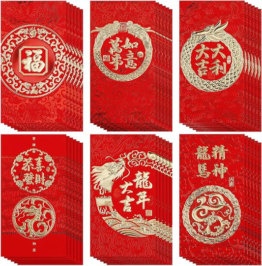 36PCS Chinese Red Envelopes, Chinese New Year Red Envelopes 2024 Dragon Lucky Money Red Packet Envelopes Hong Bao with Classic Chinese Patterns and Blessing Words (6 Styles)