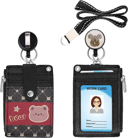 Cute ID Badge Holder Retractable Lanyard Reel Clip with Heavy Duty Carabiner, 5 Card Slots in 2 Sided with Key Ring and Zipper for Women Students Teens Girls Office Staff