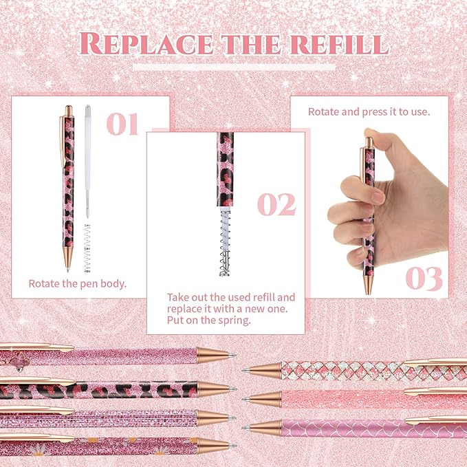 Sherr 7 Pcs Fancy Pens for Women Cute Sparkly Glitter Pens with 10 Pcs Black Ink Refills Pretty Gifts for Girls Office School Christmas Graduation(Pink,Cute)