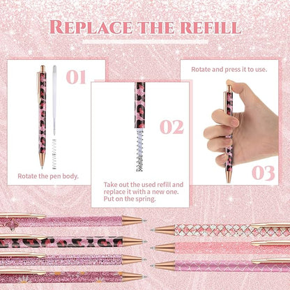 Sherr 7 Pcs Fancy Pens for Women Cute Sparkly Glitter Pens with 10 Pcs Black Ink Refills Pretty Gifts for Girls Office School Christmas Graduation(Pink,Cute)
