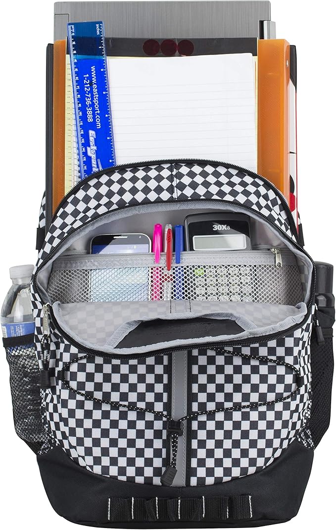 FUEL Hiking Checkered Black White Backpack for Women Men Terra Sport, Travel, College, Gym, Work with Laptop Sleeve, Bungee, 18 Inches